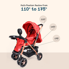 Baby Stroller for 0 to 5 Years, with Reclining Features, Spacious, Cushioned seat | Reversible Handle 360° Swivel Wheel | Foot Brakes | Sun & Rain Shade With 25 Kg weight Capacity | Reclining Features – Red | Tinyride