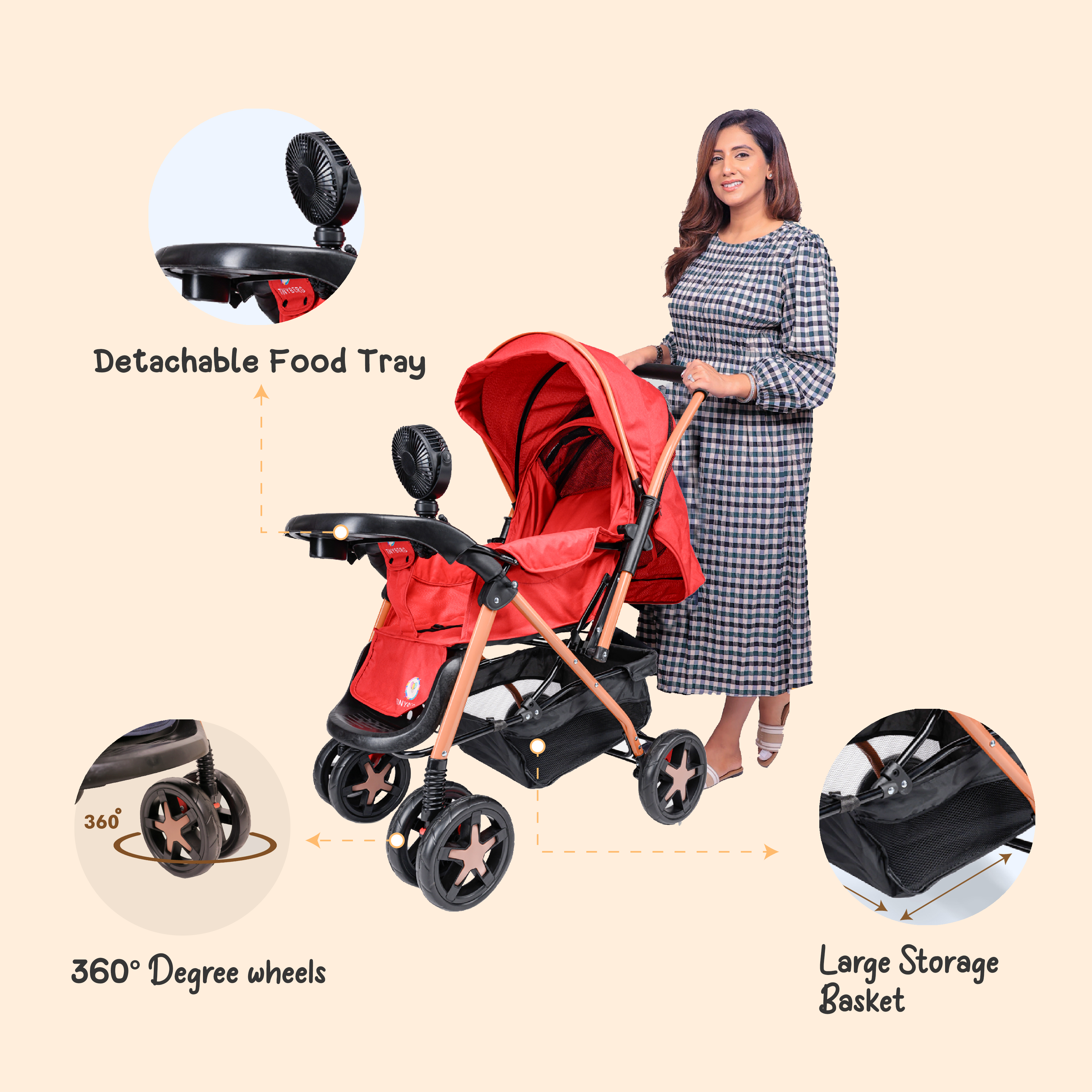 Baby Stroller for 0 to 5 Years, with Reclining Features, Spacious, Cushioned seat | Reversible Handle 360° Swivel Wheel | Foot Brakes | Sun & Rain Shade With 25 Kg weight Capacity | Reclining Features – Red | Tinyride