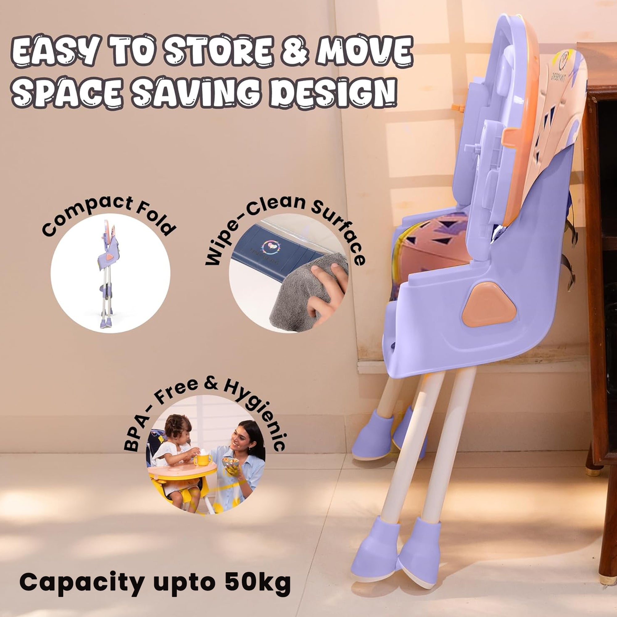 Baby High Chair | 3-60 Months | Up to 50 Kg | 3-in-1 | Foldable | Compact | 5 Point safety belt | Anti Skid base | Wonderseat